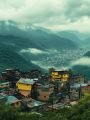 A panoramic view of the poor buildings nestled in the green mountains, Indian city is visible on the horizon, muted color, white clouds. with a distant mountain range behind. Captured with a wide-angle lens. Cinematic --ar 16:9 --stylize 250 --v 6.1 Job ID: 70216a99-8456-4b11-bc5b-d9078455edb4